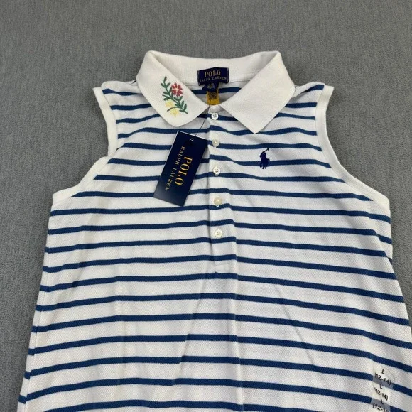 Polo Ralph Lauren Girls Large 12-14 White Blue‎ Striped 100% Cotton Mesh Romper